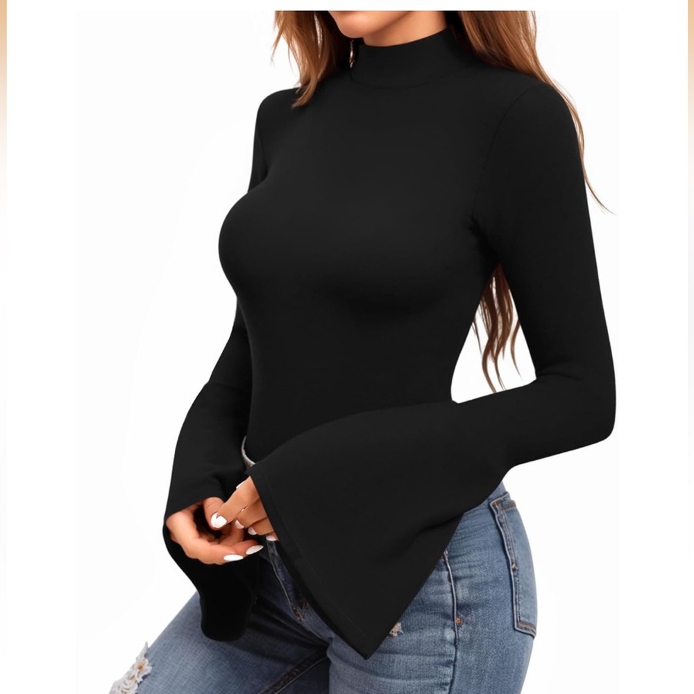 Chic Black Bell Sleeve Women's Blouse